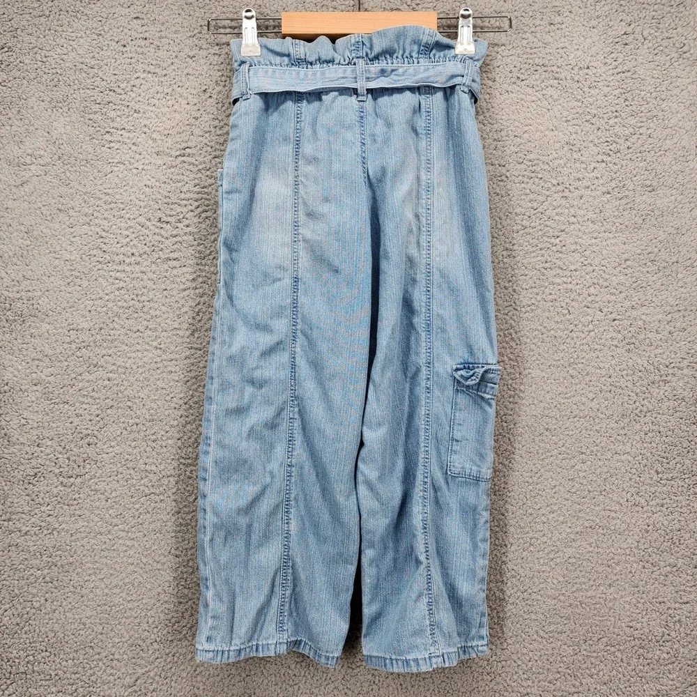 OshKosh Bgosh Girls Light Wash Paperbag Cargo Jeans Size 8 Elastic Waist Belted